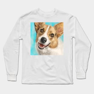 Painting of a Happy Adorable Corgi Dog on Blue Background Long Sleeve T-Shirt